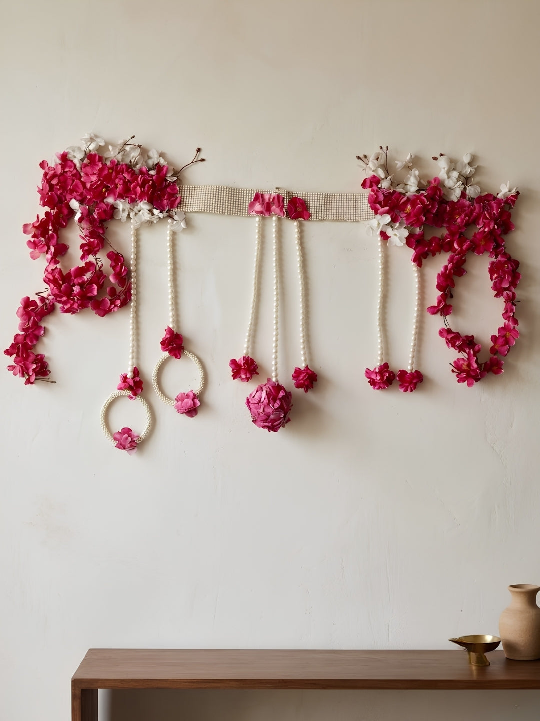 Artificial dark pink & white flower with moti ring toran
