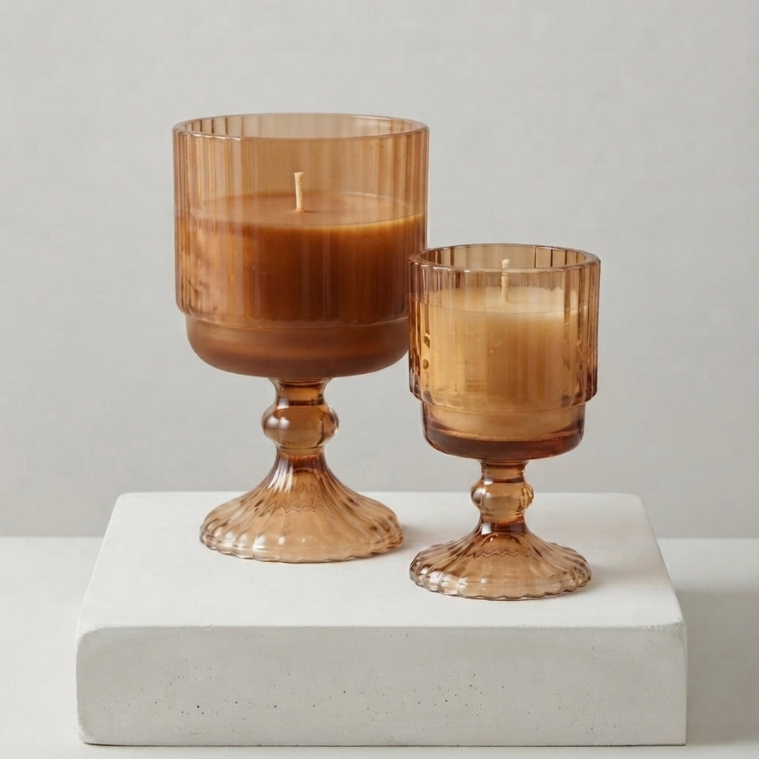 Set of 2 Brown Ribbed Glass Pedestal Scented Candles (Large & Small)