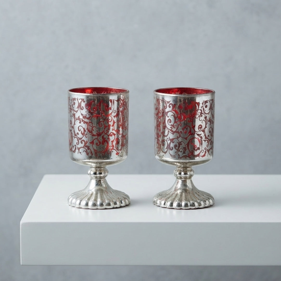 Set of 2 Orange Etched Glass Votive Tea Light Holders