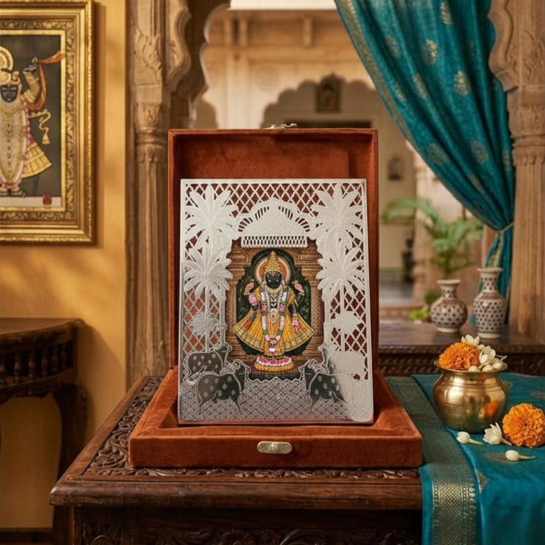 Silver Plated Pichwai Jhoomar & Cow Photo Frame (Tan Velvet Gift Box)
