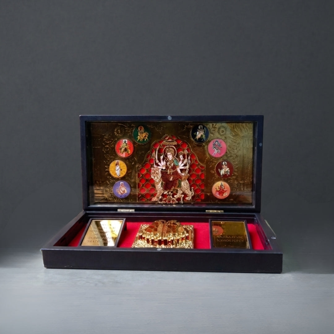 999 Pure Silver & 24K Gold Plated Durga Mata Charan Box  | Navdurga Puja Festival Gift