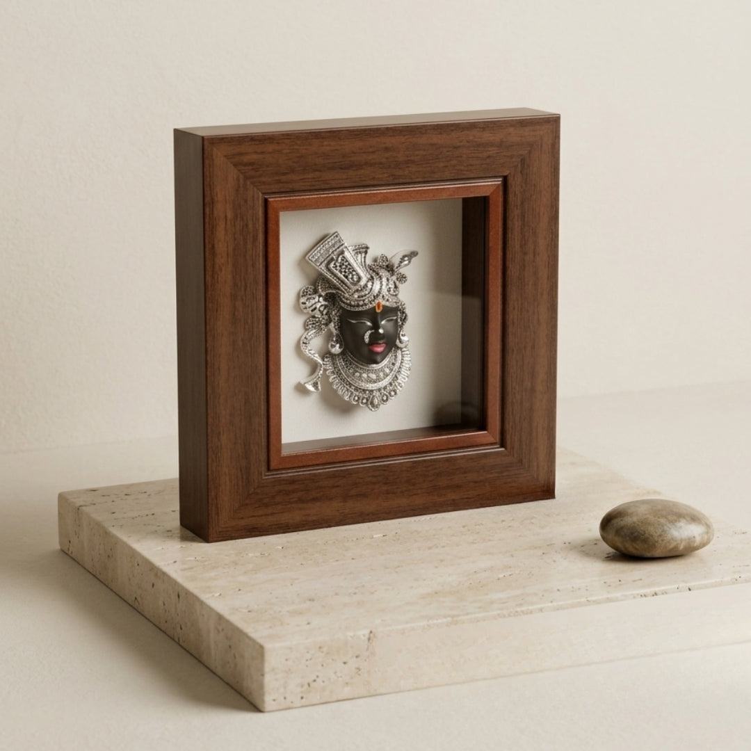 999 Pure Silver Plated Shrinathji Frame | Mukhravind Lord Krishna Idol Black Face Decor