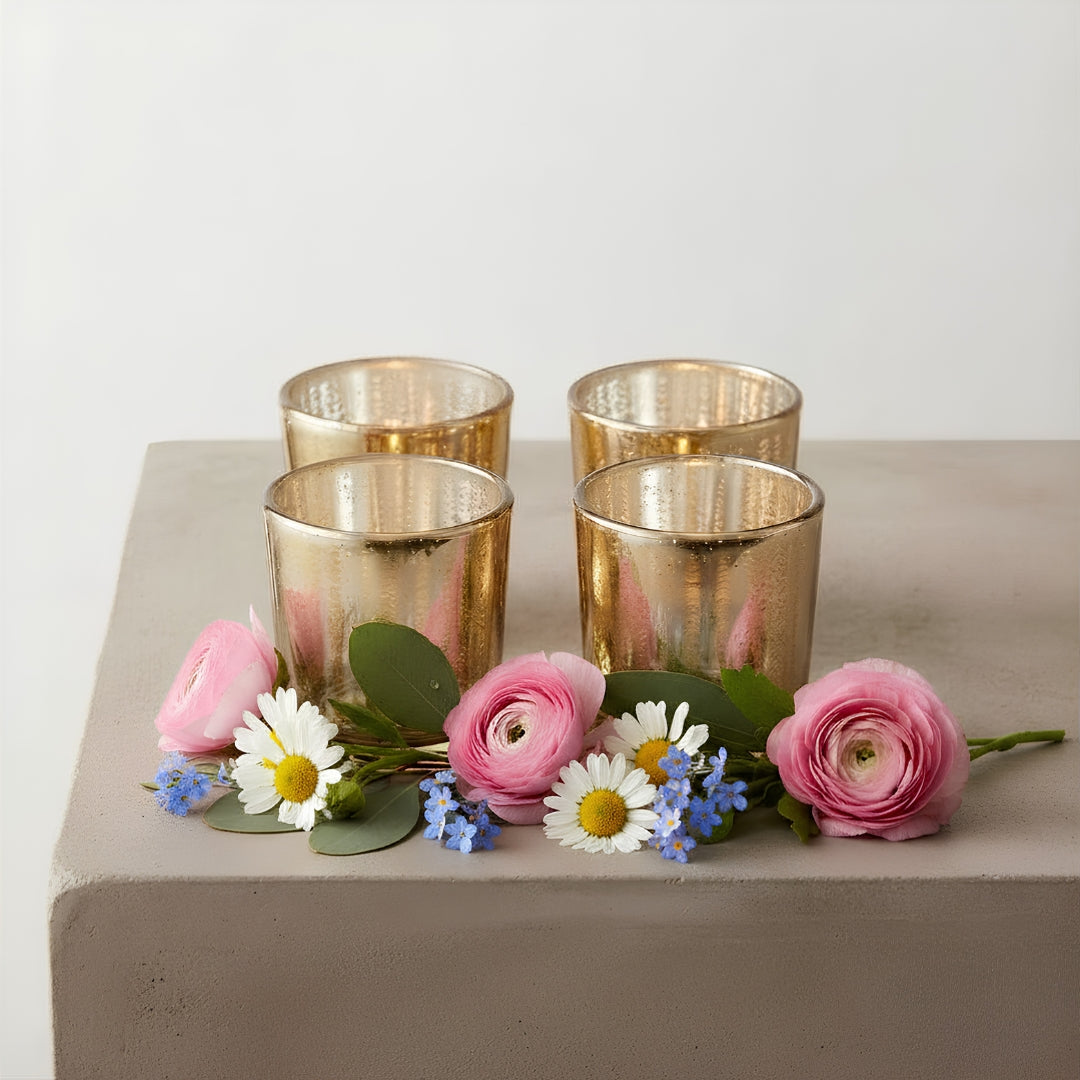 Green Glass Votive Holders with Leaf Etching - Small Set of 4