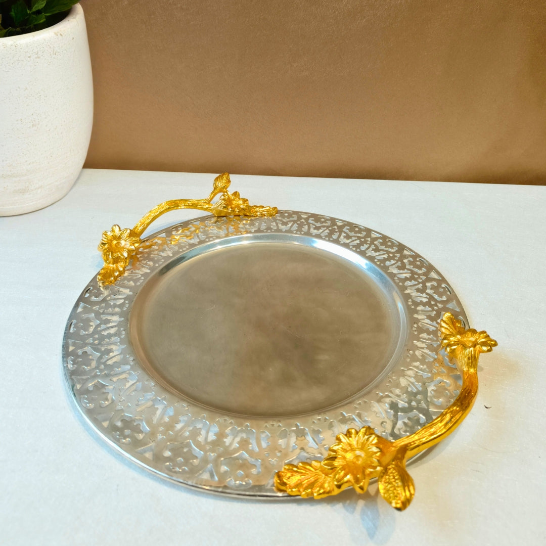 Brass metal silver plated round cutwork tray with metal handle large
