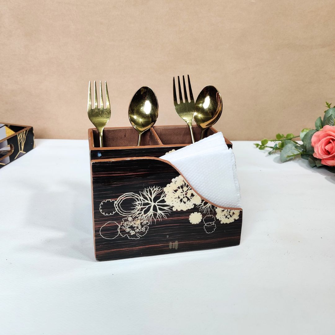 Small Cutlery Tissue Holder - Black & Brown Flower