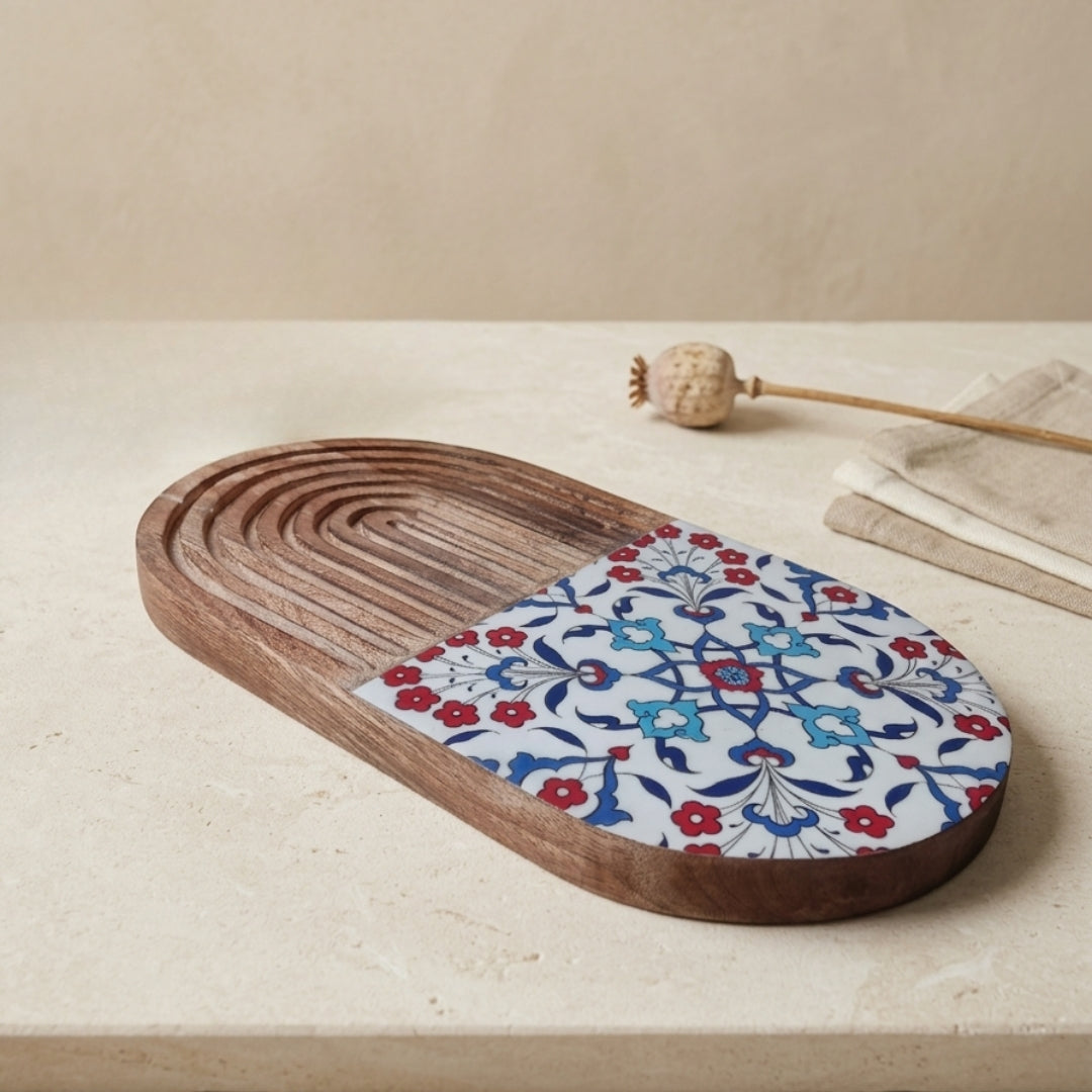 Turkish Print Enamel & Ribbed Wooden Oval Platter