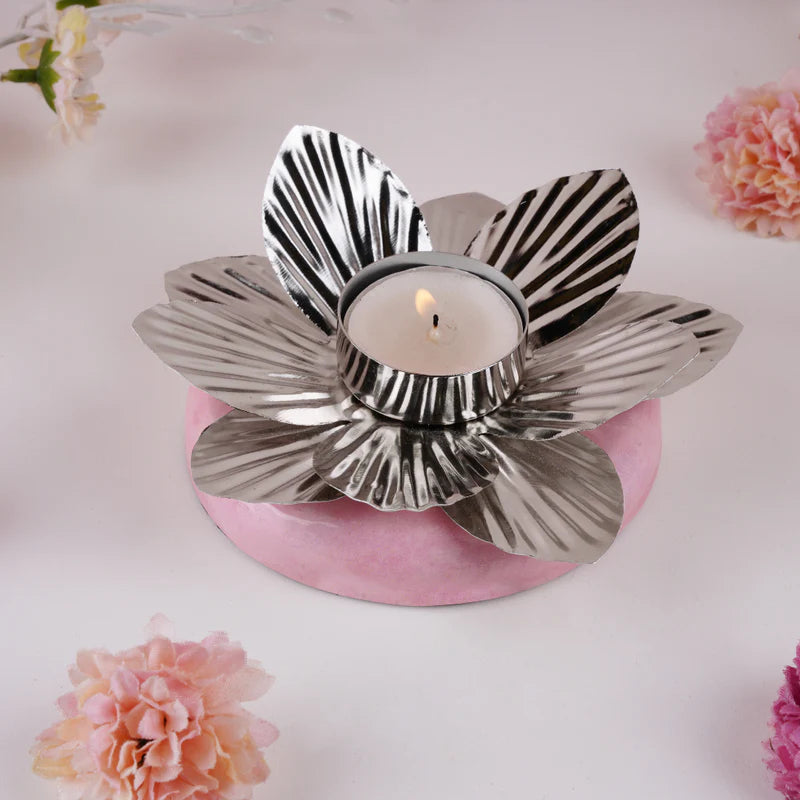 Pink Base With Metal Flower Tea Light Holder