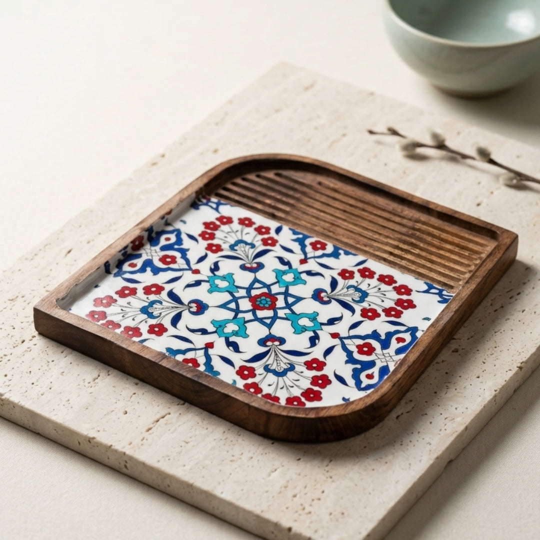 Turkish Print Enamel & Ribbed Wooden Rectangular Platter