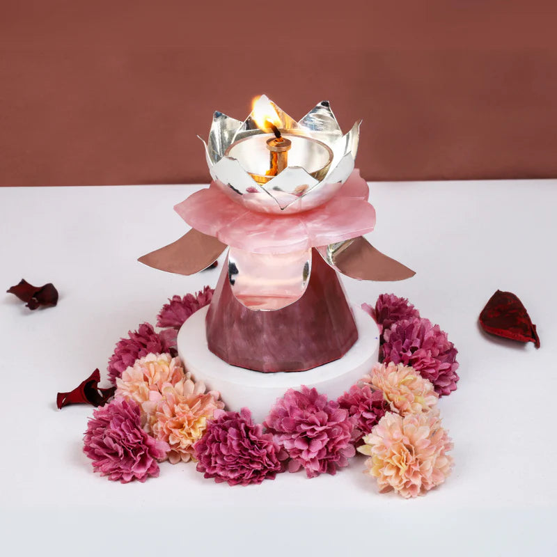 Brass Silver Plated Diya With Pink Resin Petal And Base