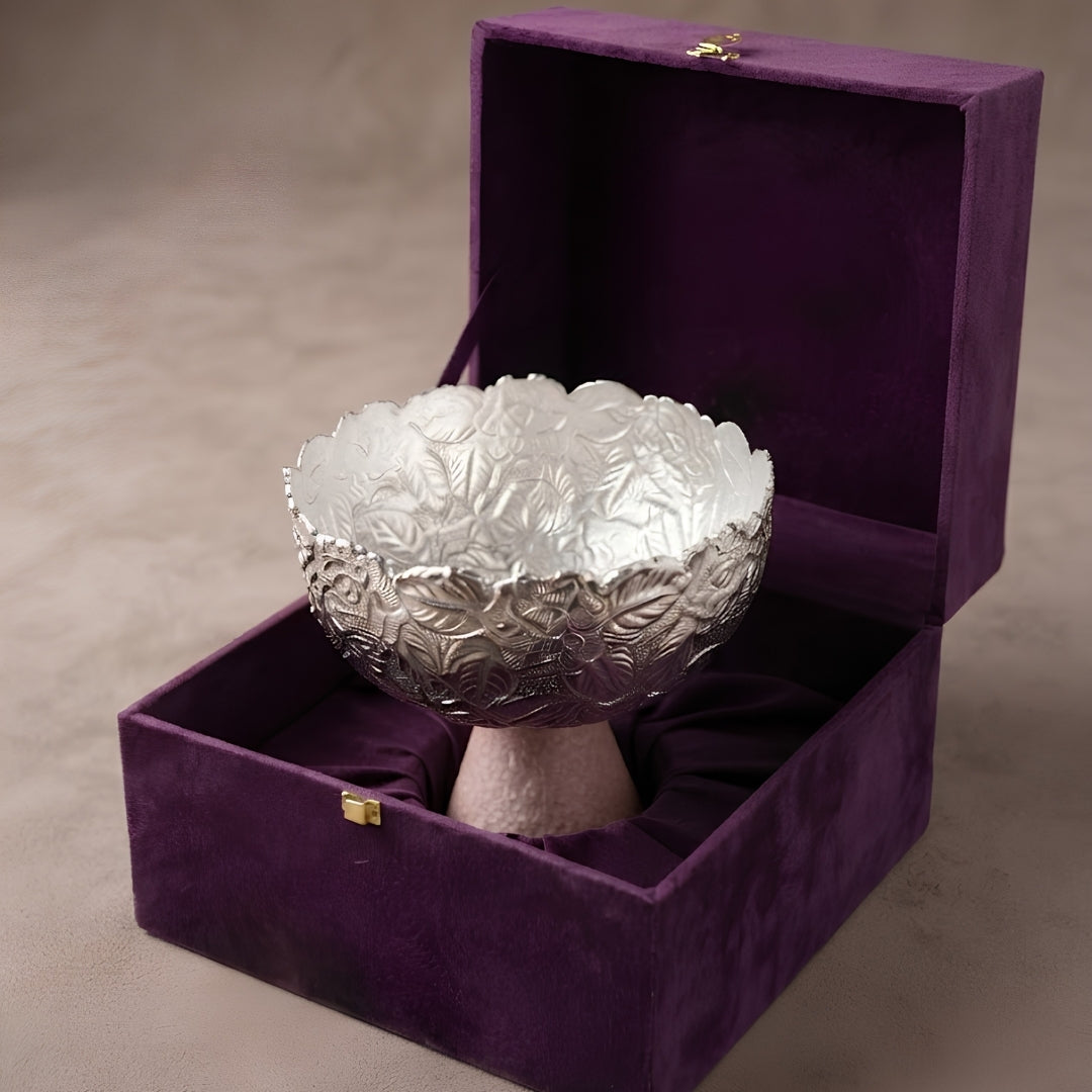 Purple Velvet Gift Box with Ornate Silver Decorative Bowl