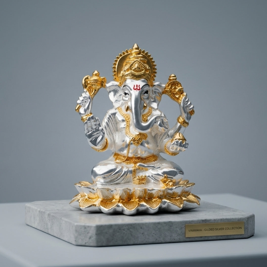 The Home Co. Majestic Lord Ganesha Idol | 999 Pure Silver & 24K Gold Plated Ganpati Murti on Lotus | Premium Fiber Vastu Decor & Corporate Gifting
