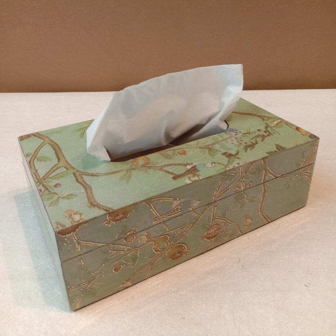 wooden print & enamel green peacock & bird Tissuebox