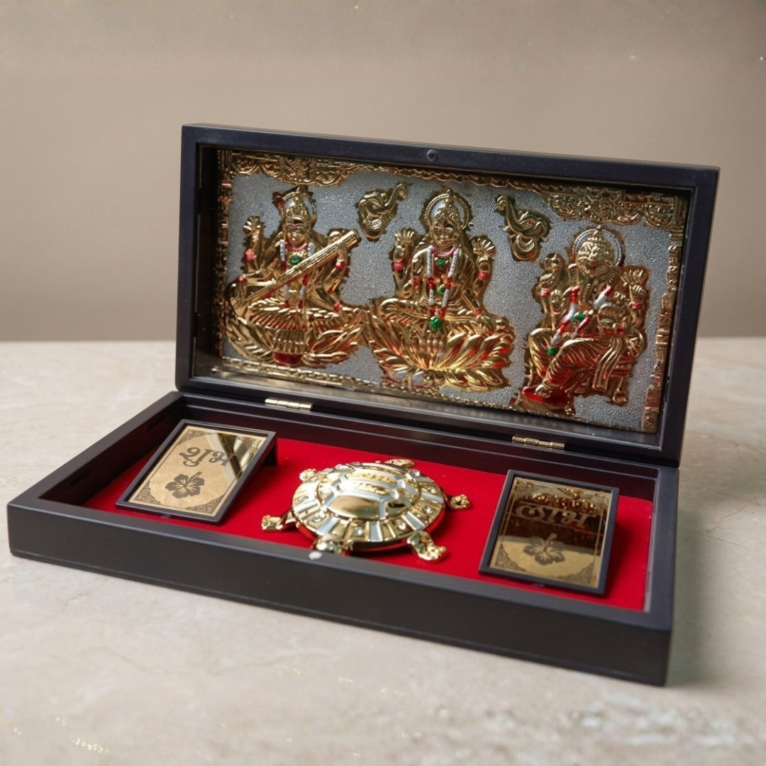 999 Pure Silver & 24K Gold Plated Laxmi Ganesh Saraswati Idol with Feng Shui Kachua Pooja Box