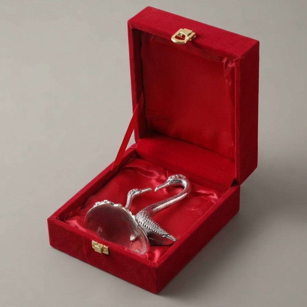 Silver Plated Double Swan Figurine in Red Velvet Box for Luxury Gifting