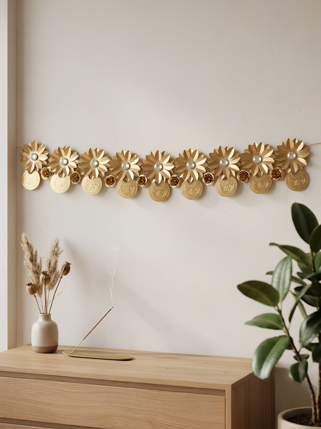 metal gold finish flower chand shape toran