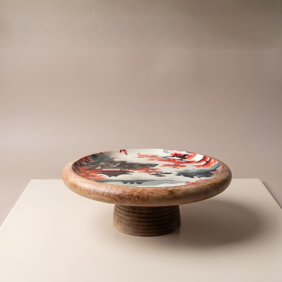 Japanese Art Print Enamel & Wooden Cake Stand
