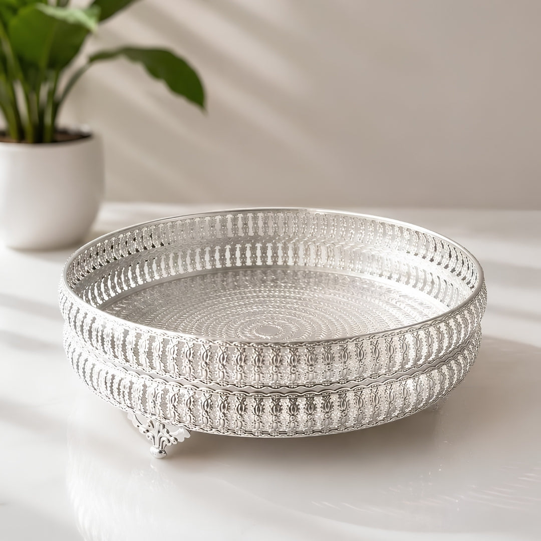 Decorative Silver Round Filigree Tray with Beaded Edges and Ornate Feet