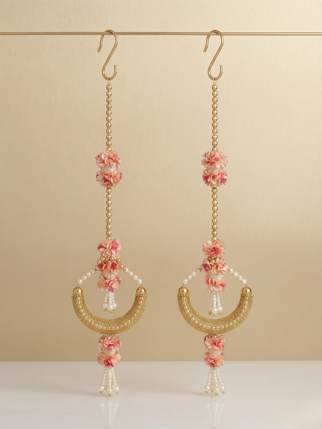 Artificial peach flower with metal crescent shape side hanging set of 2