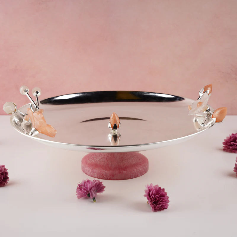 Brass Silver Plated Round Platter With Peach Resin Flower