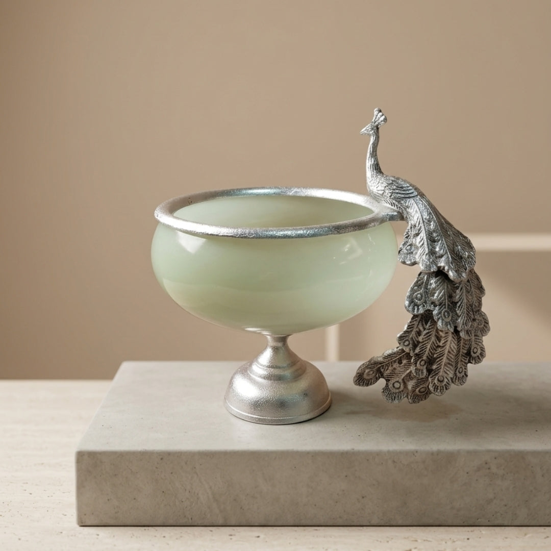 Handcrafted Metal & Glass Peacock Bowl with Premium Velvet Gift Box