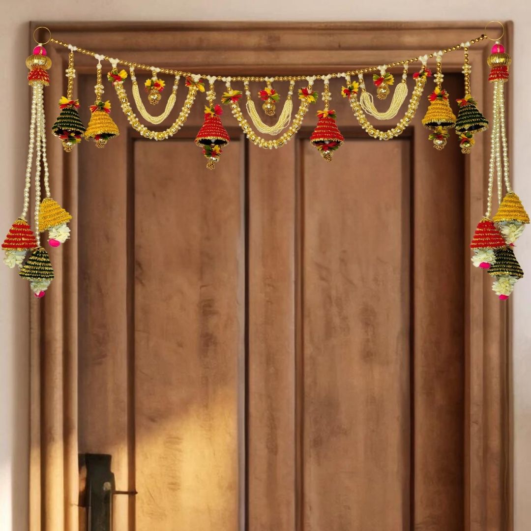 Multicolor Gota Bells And Moti Floral Toran With Side Hanging Set