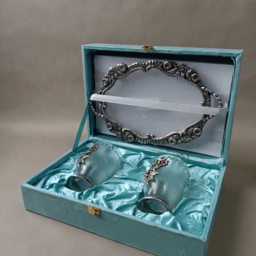 Silver Plated Tray and Glass Set of 2 with Turquoise Velvet Box for Gifting