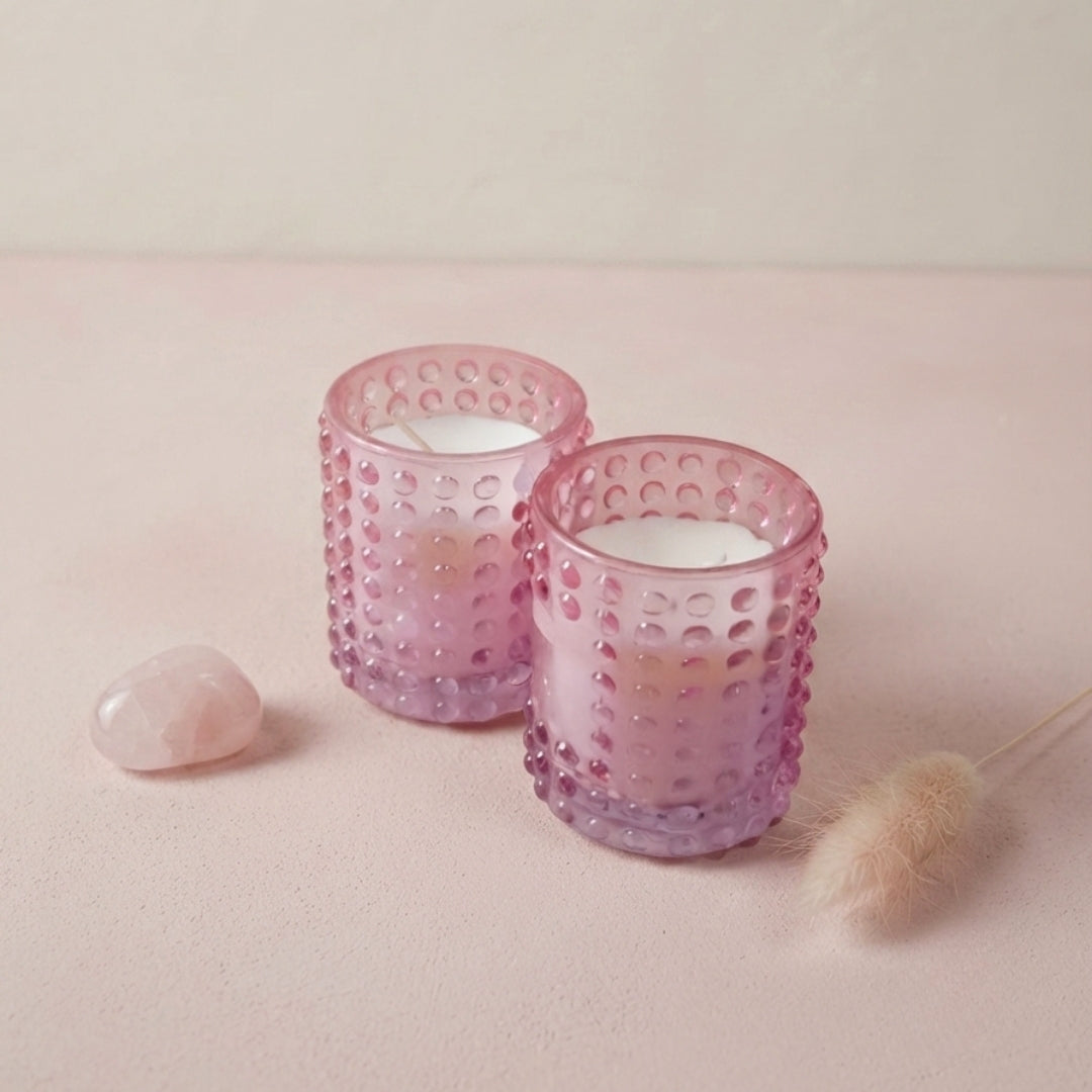 Pink Dotted Glass Votive Candle Holders - Scented Wax Set (Set of 2)