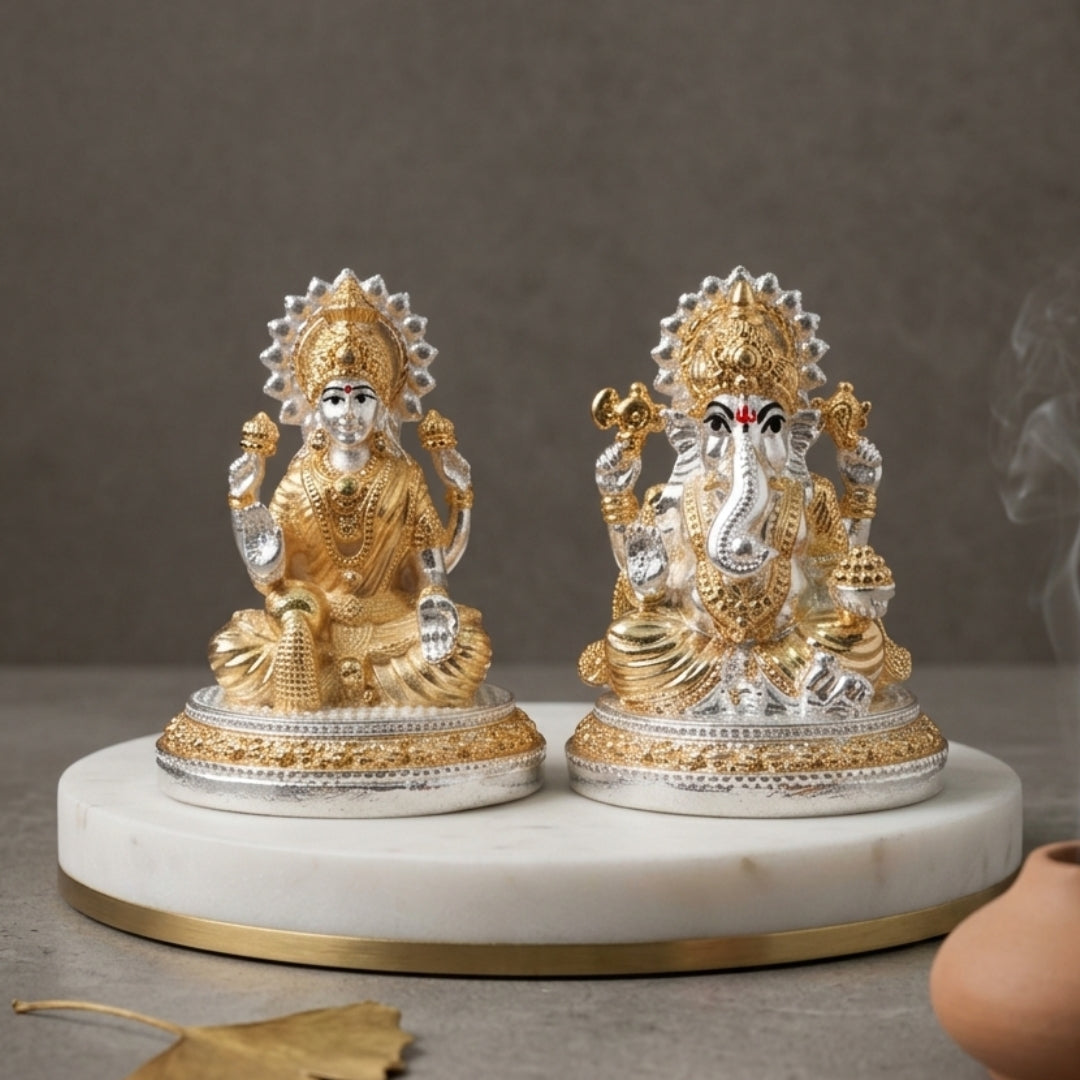 The Home Co- 999 Pure Silver & 24K Gold Plated Lakshmi & Ganesha Fiber Idols(small gold & silver)(small)