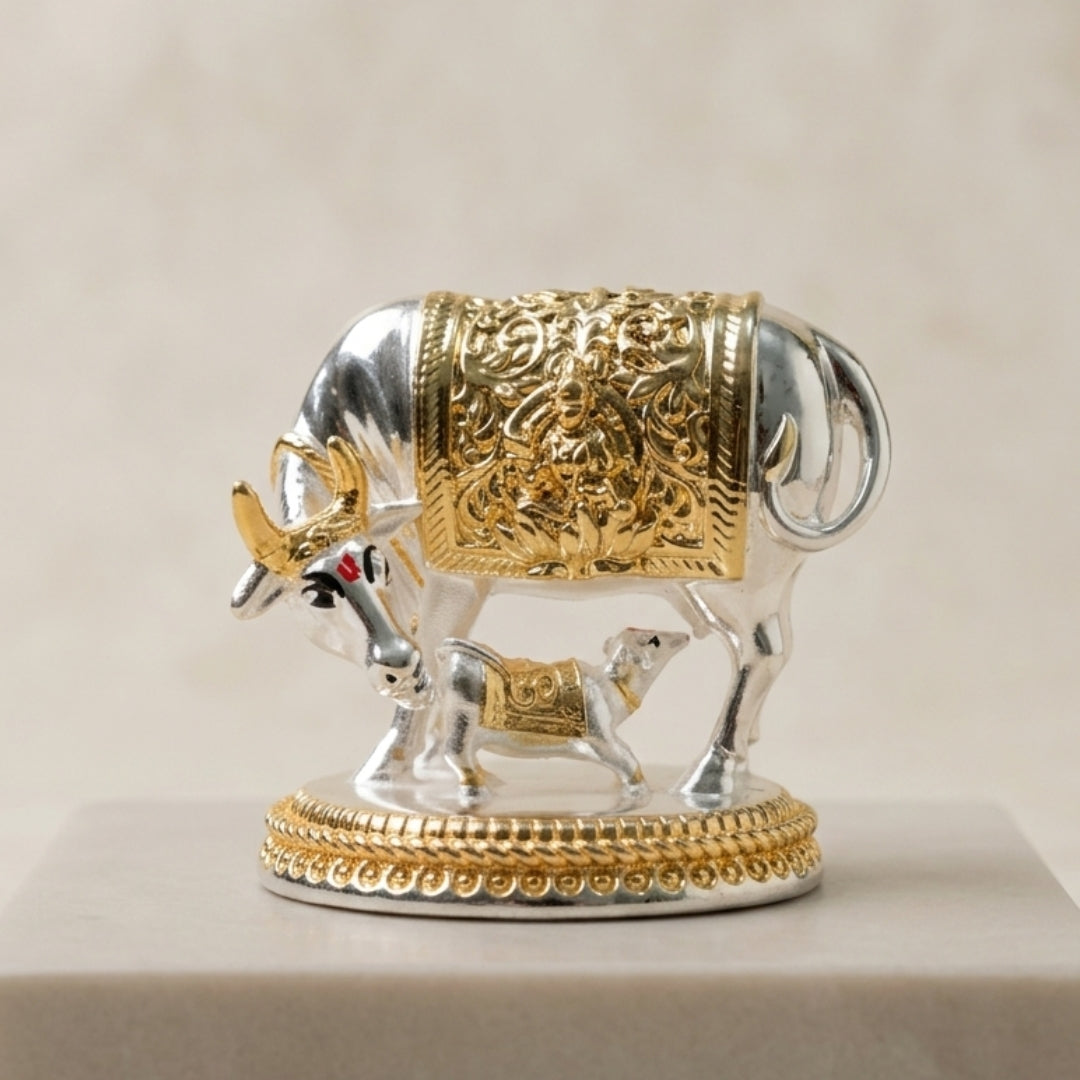 The Home Co- 999 Pure Silver & 24K Gold  Plated Kamdhenu Divine Vastu Cow and Calf Idol- 3"