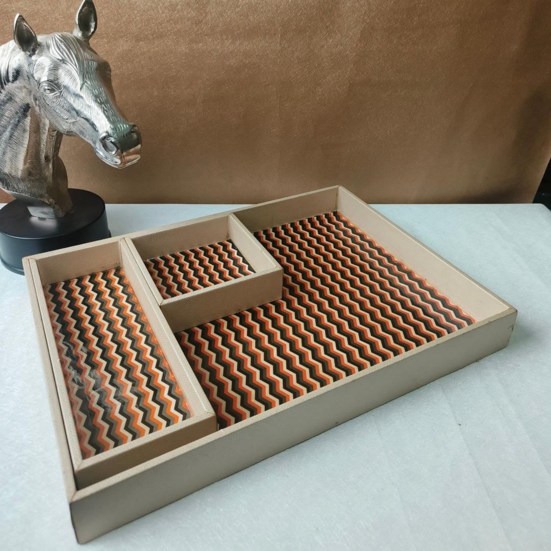 Orange & Black Zig Zag Leathrite Tray Set of 3