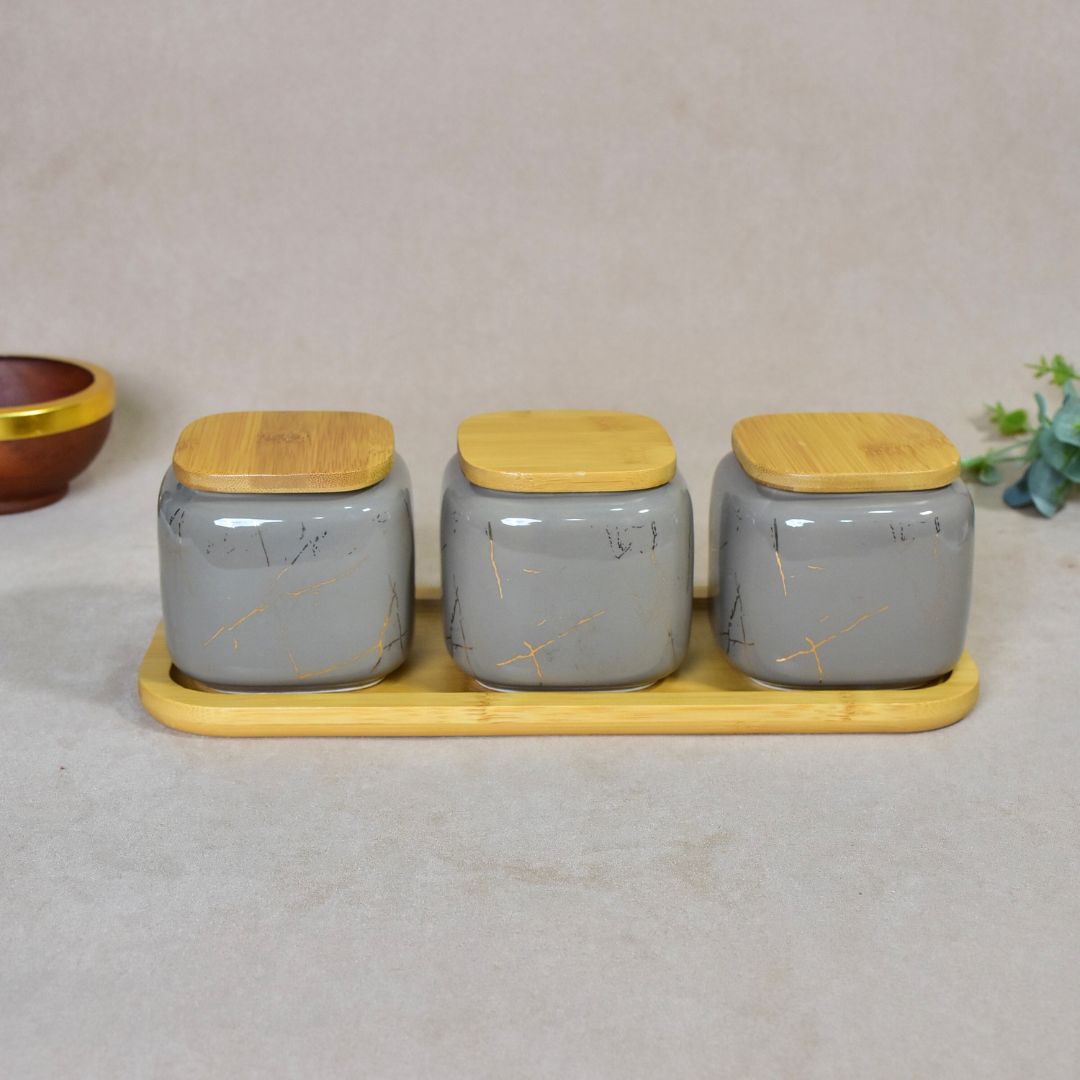 Ceramic Jar With Bamboo Tray Set Of 3 - Grey