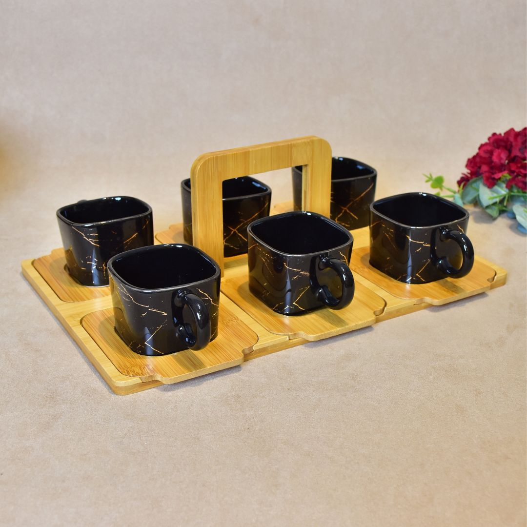 Ceramic Cup With Bamboo Tray Set Of 6 - Black