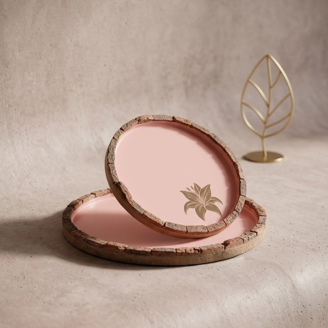Peach Enamel Wooden Round Platter Set of 2 with Tulip Foil Print