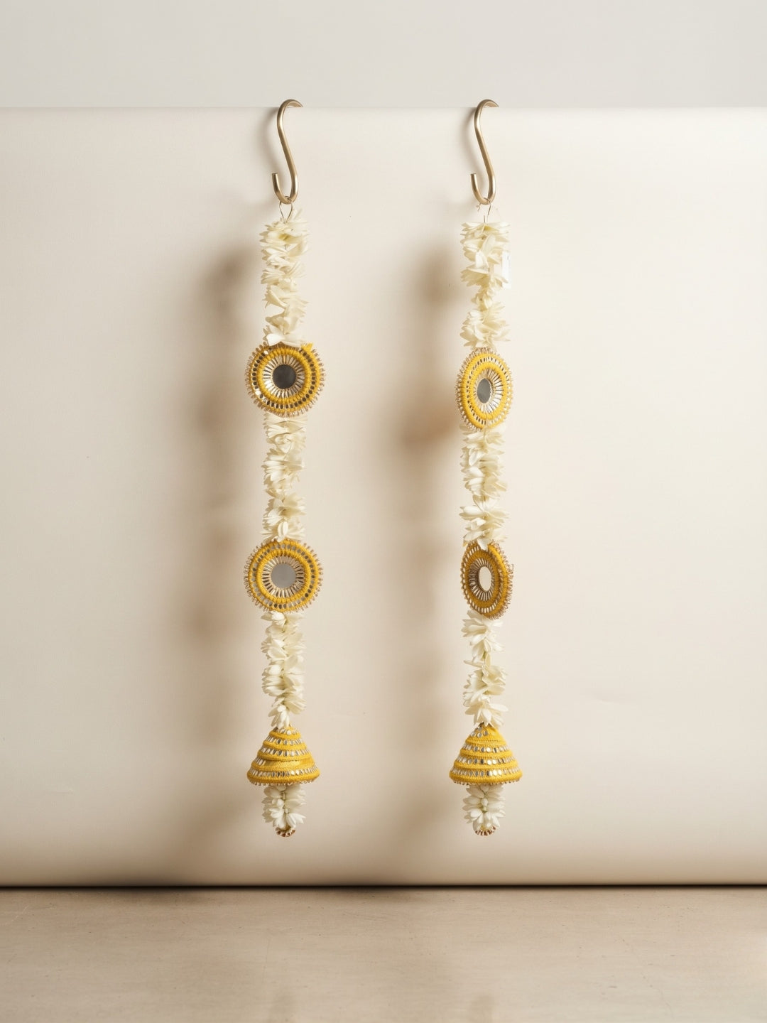 Artificial White gajra with yellow cone and mirror sidehanging set of 2