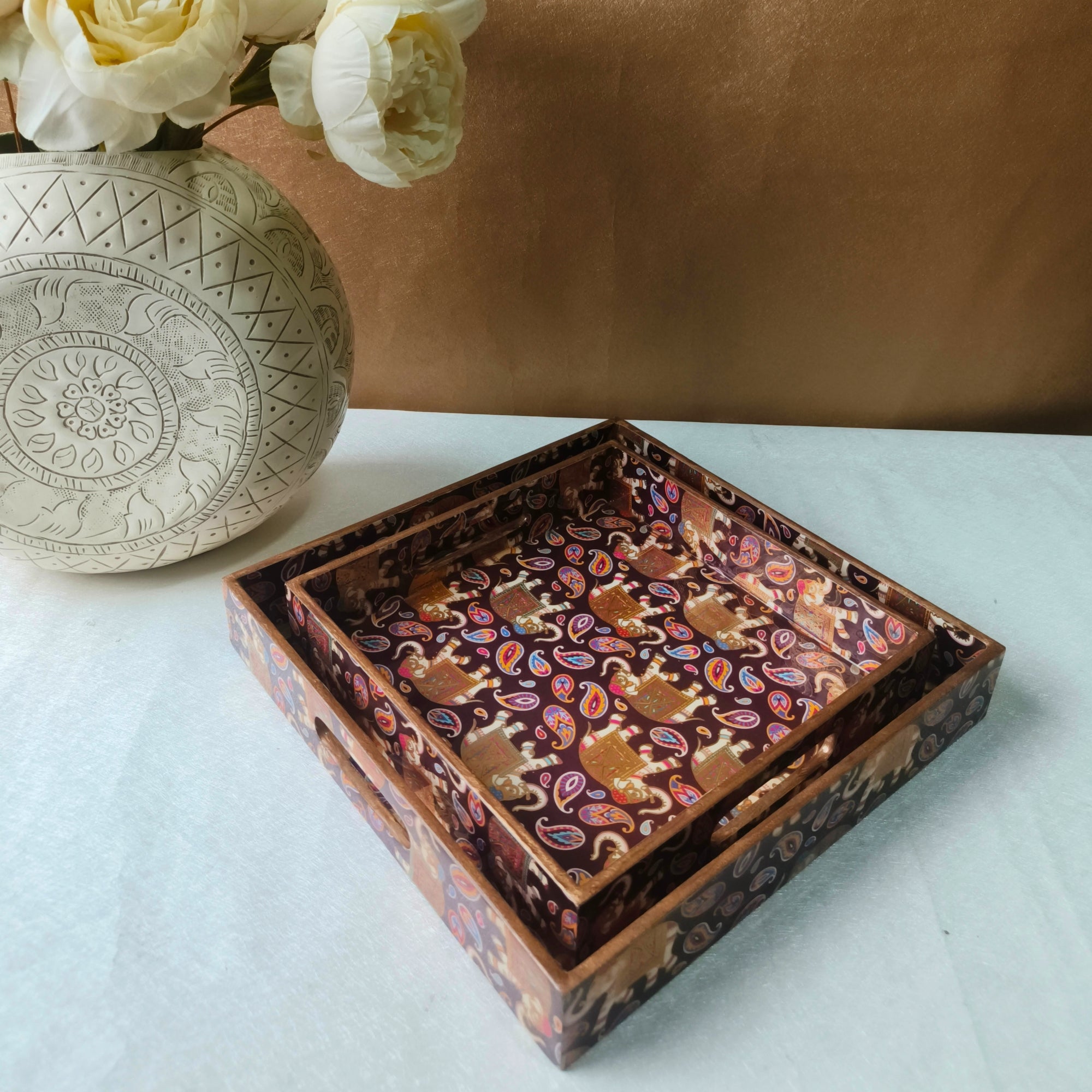Rectangle wooden Golden Elephant Embossy Design Enamel Tray set of 2
