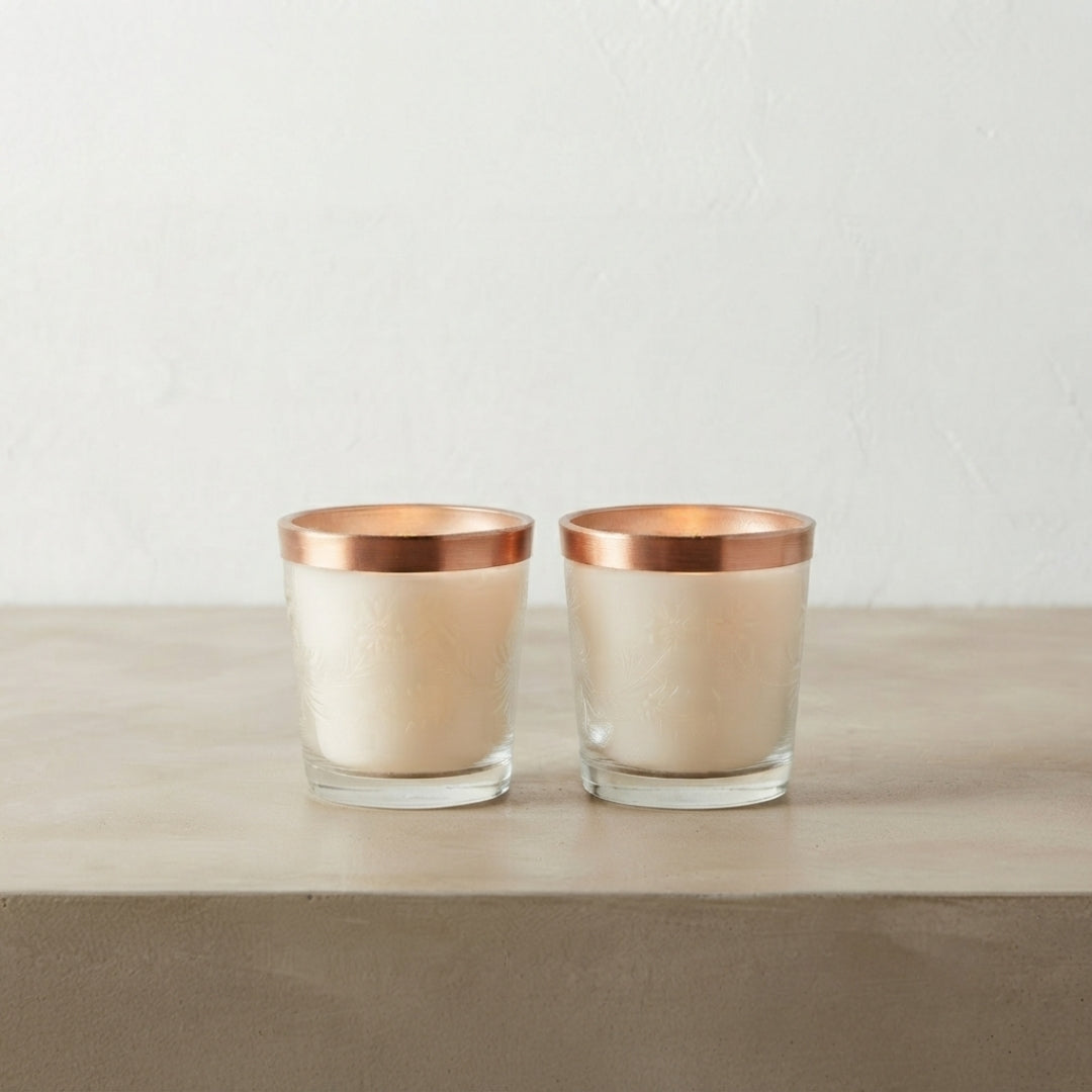 Set of 2 Scented Wax Glass Votives with Metallic Copper Rims