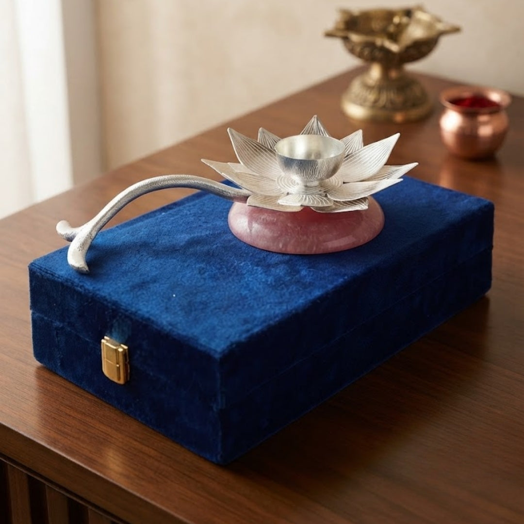 Silver Lotus Diya in Velvet Box