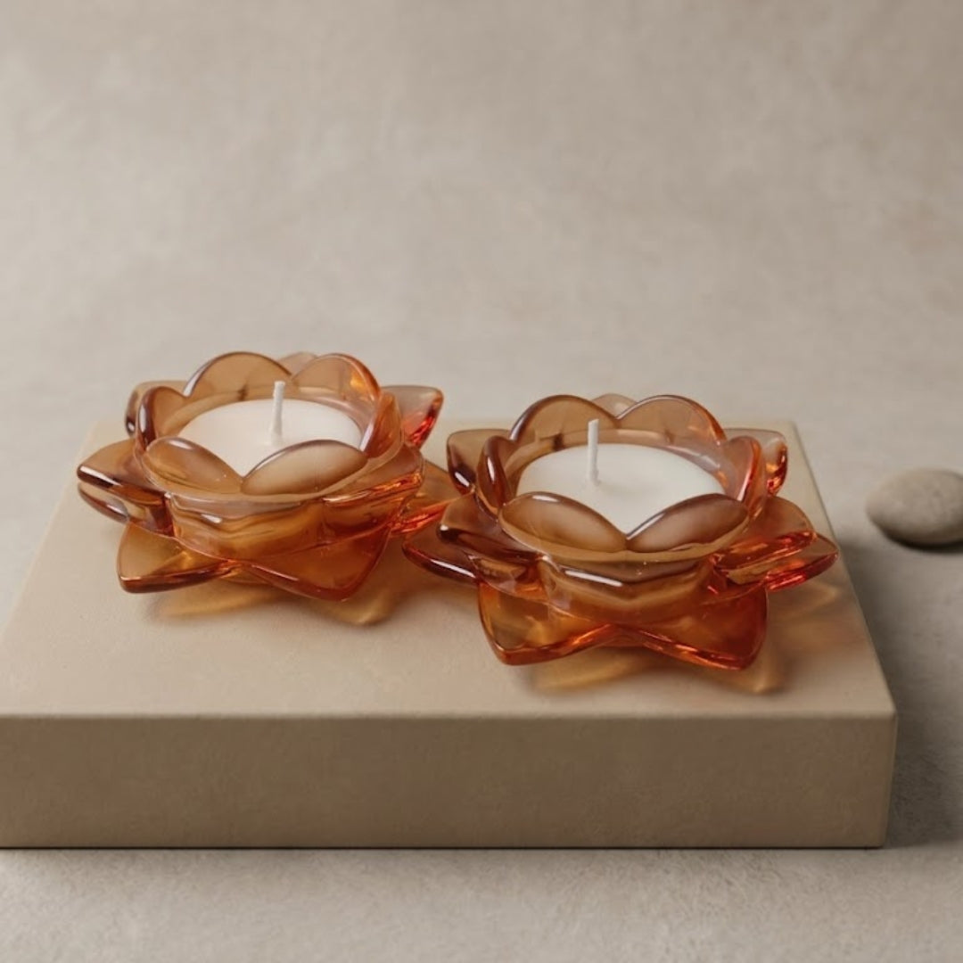Brown Glass Lotus Candle Holder - Scented Wax Tealight Set (Set of 2)