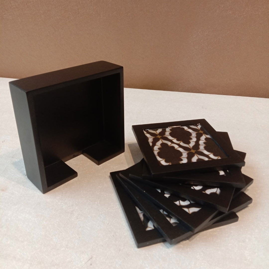 Table Coaster - black mosaic print & enamel with deco set of 6