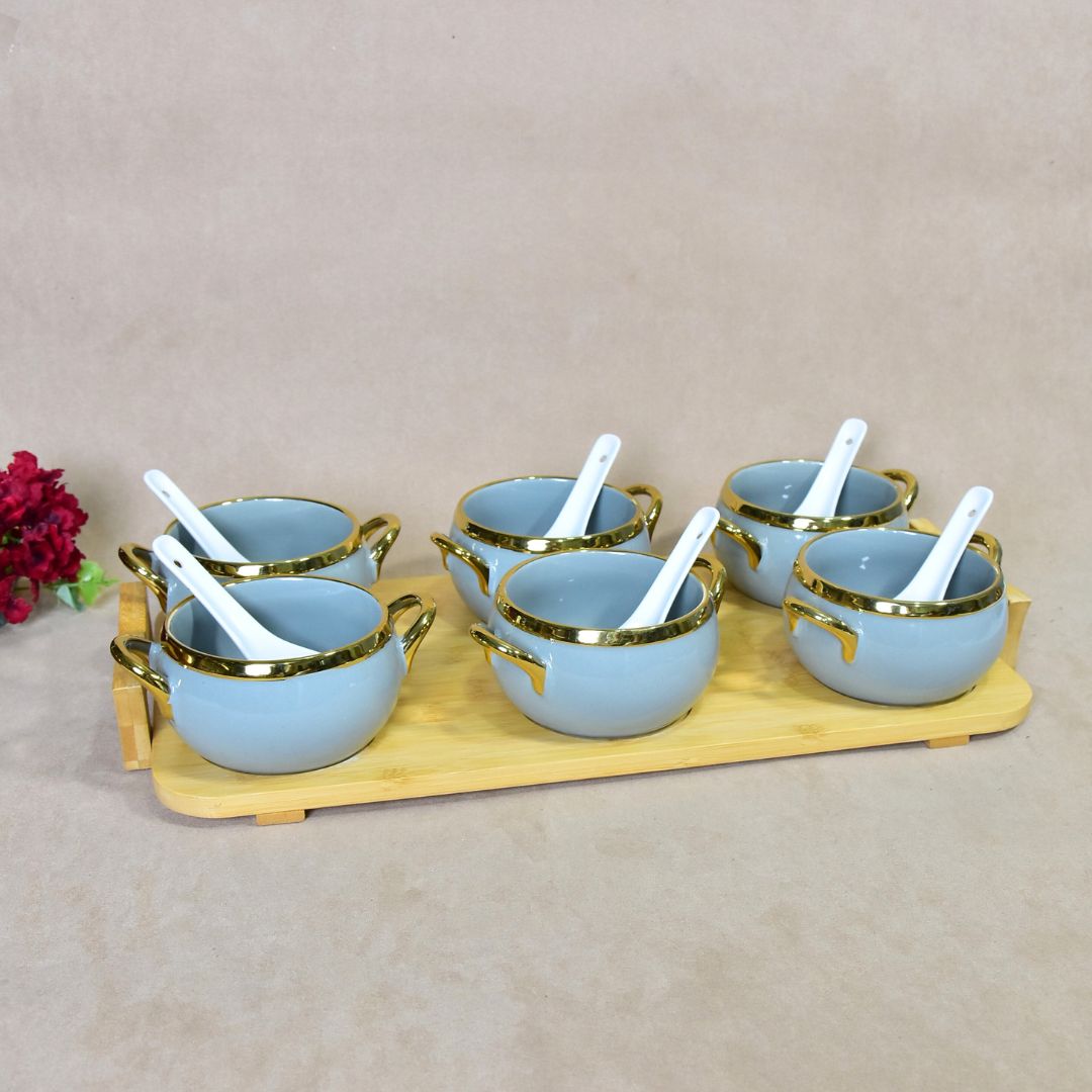 Ceramic Bowl With Bamboo Tray Set Of 6 - Light Blue