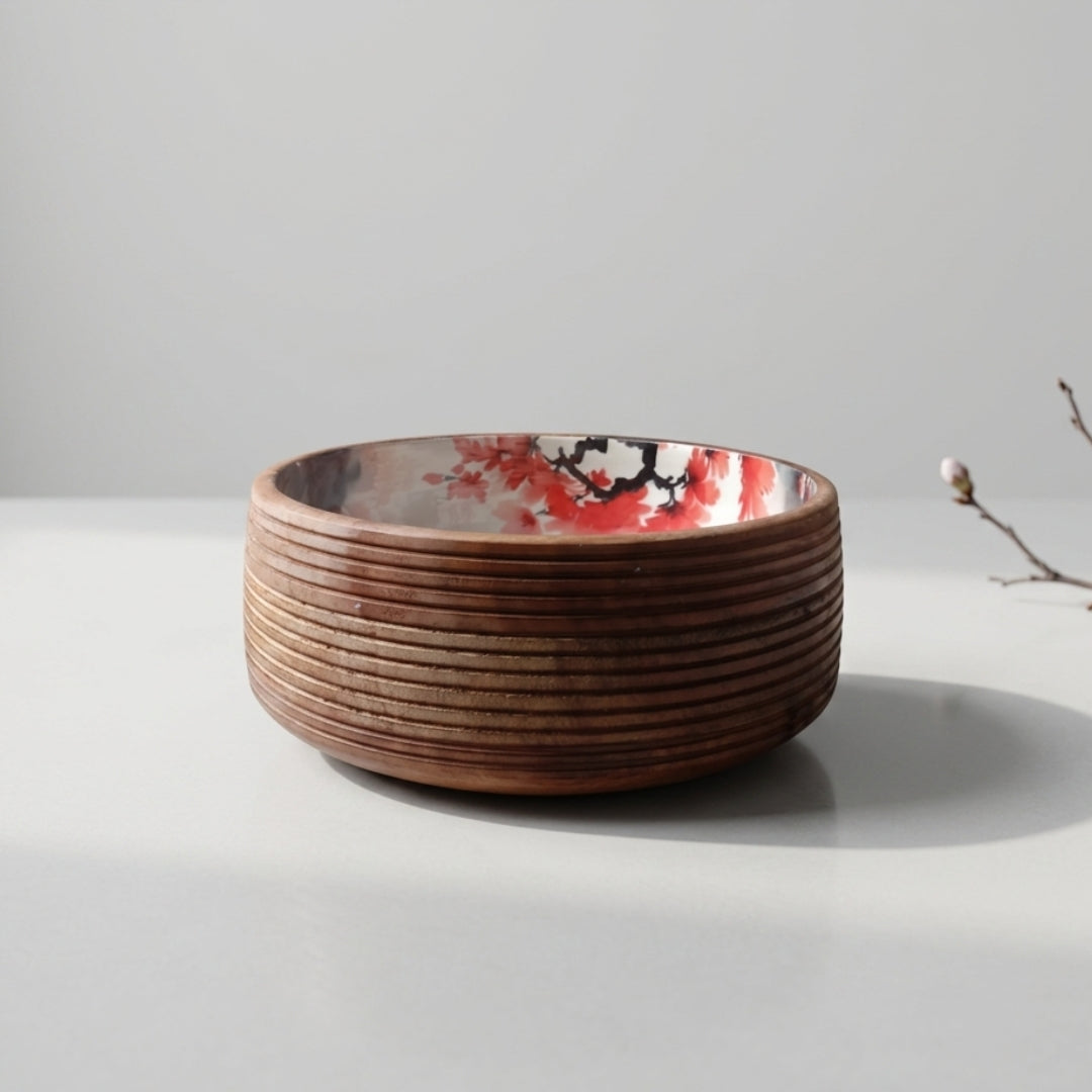 Japanese Floral Print Enamel & Ribbed Wooden Salad Bowl Set