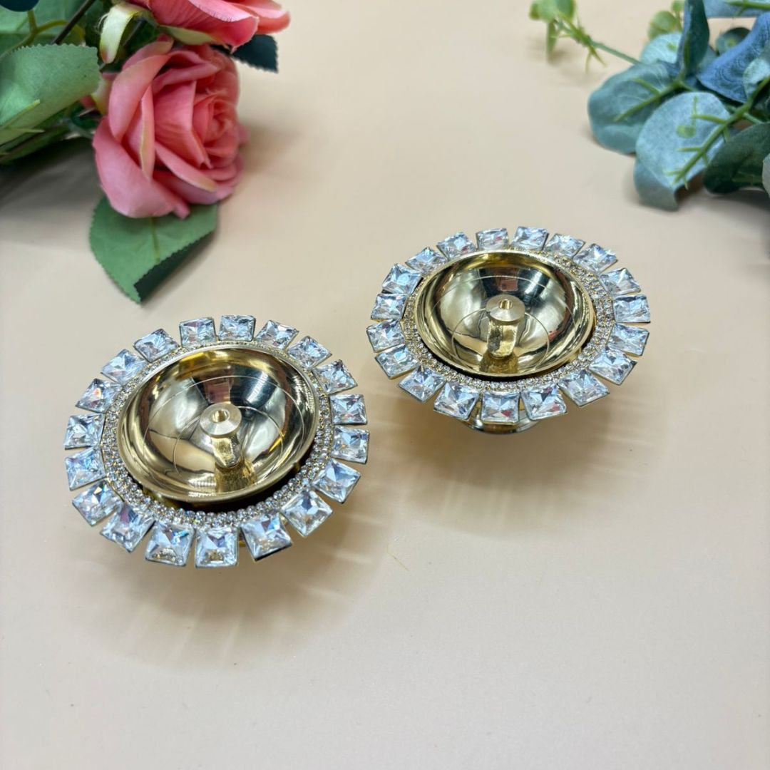 Gold Plated Metal & Diamond Diya Set Of 2