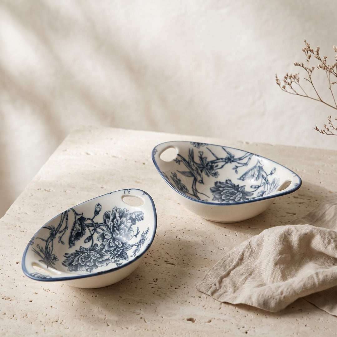 2 Pcs Blue & White Floral Ceramic Oval Bowl Set