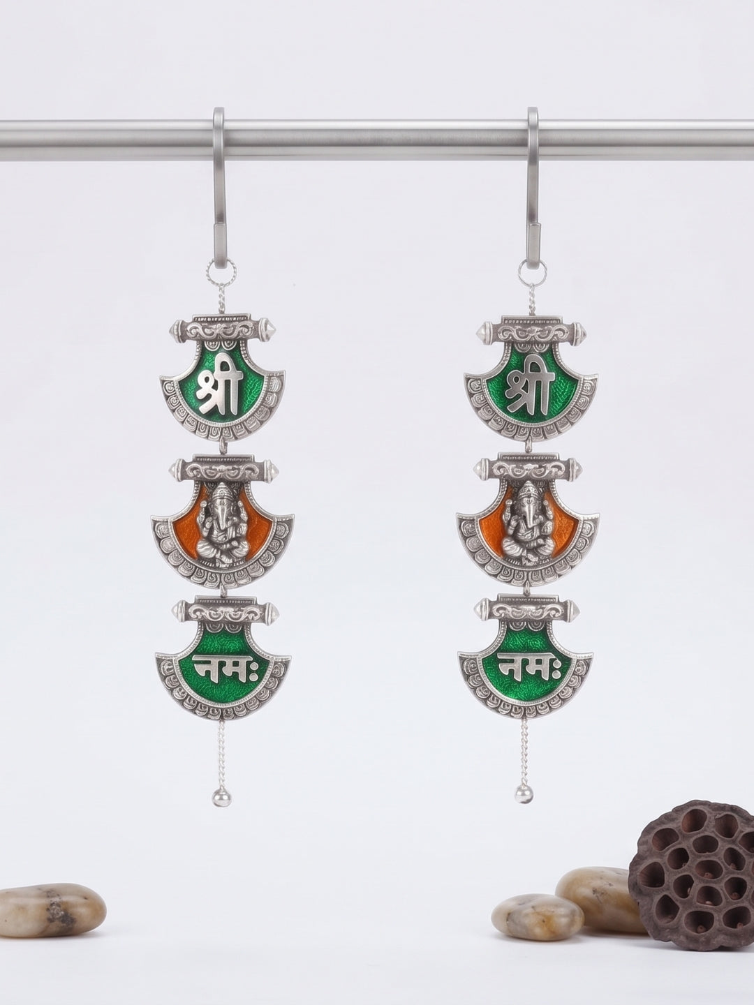 german silver fan shape shree namah with ganeshji sidehanging set of 2