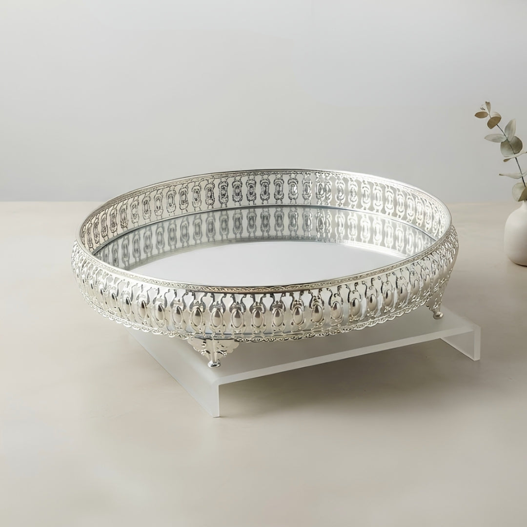 Decorative Silver Filigree Mirrored Tray with Feet