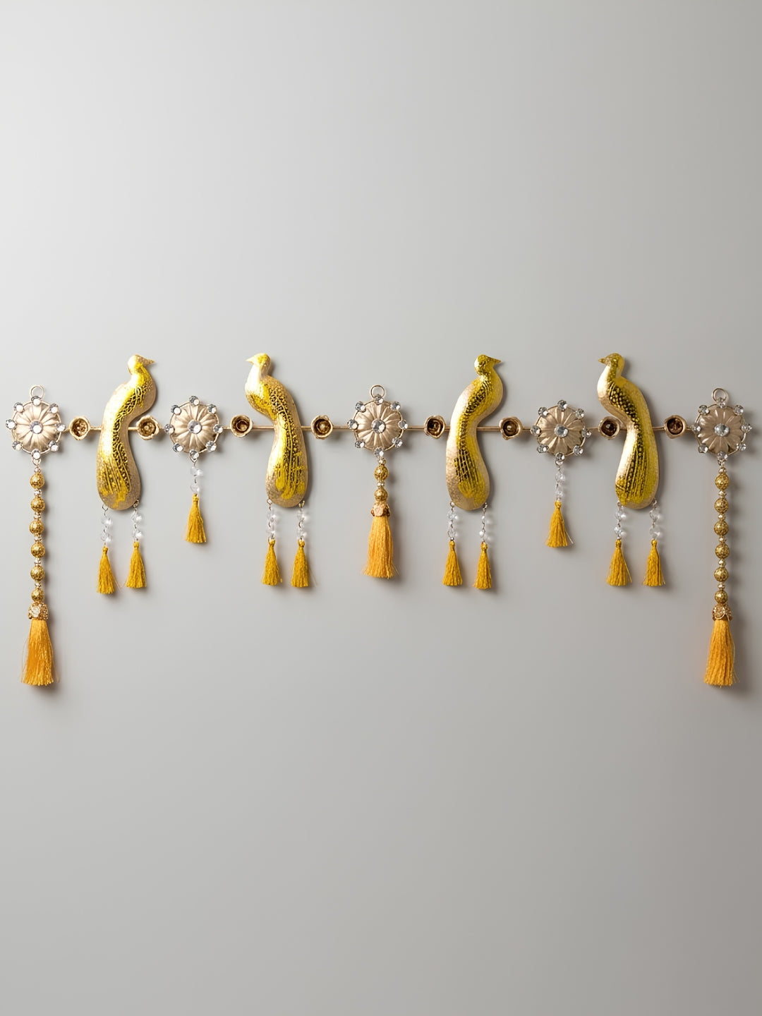metal gold finish peaock design with gold balls hanging toran