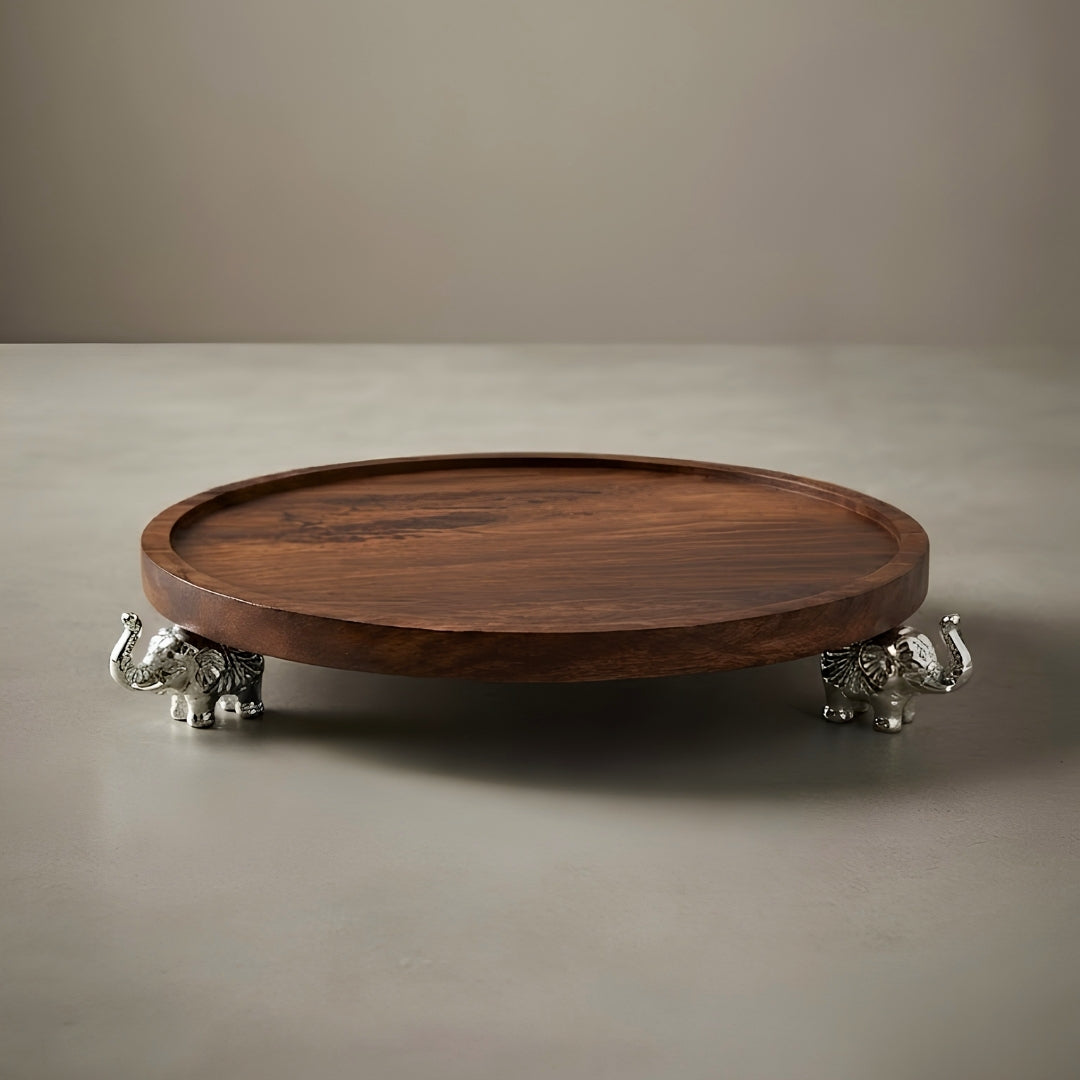 Wooden Round Serving Tray with Silver Elephant Feet