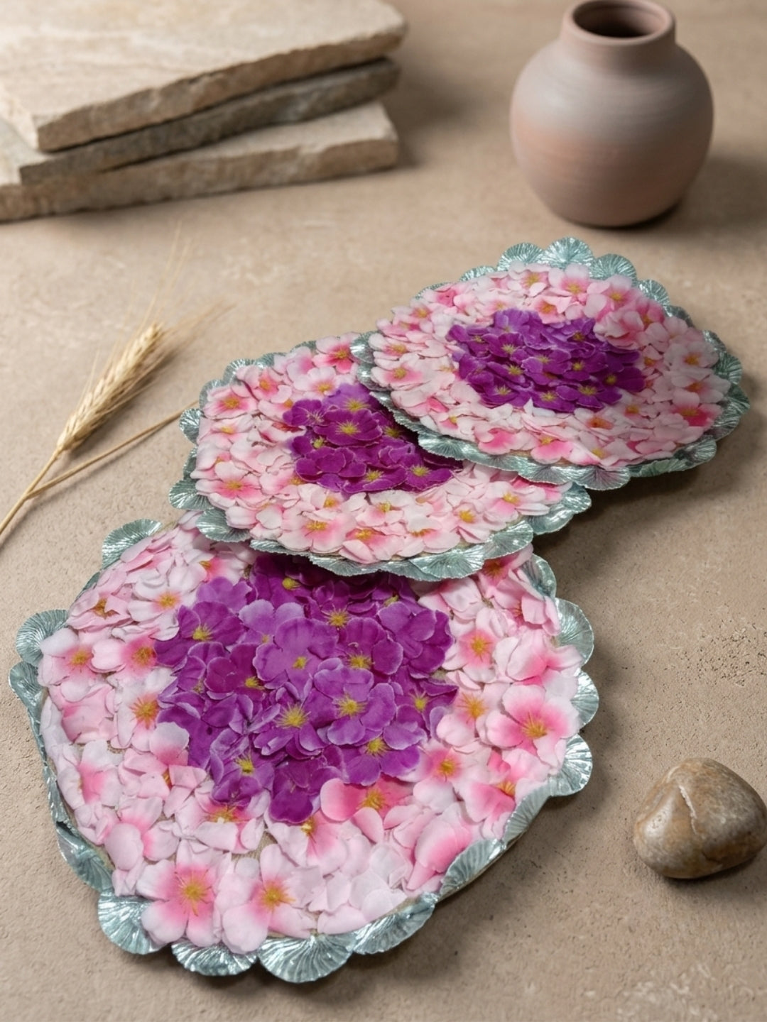 Handmade Pink & Purple Floral Puja Asan Mat / rangolis Set of 3