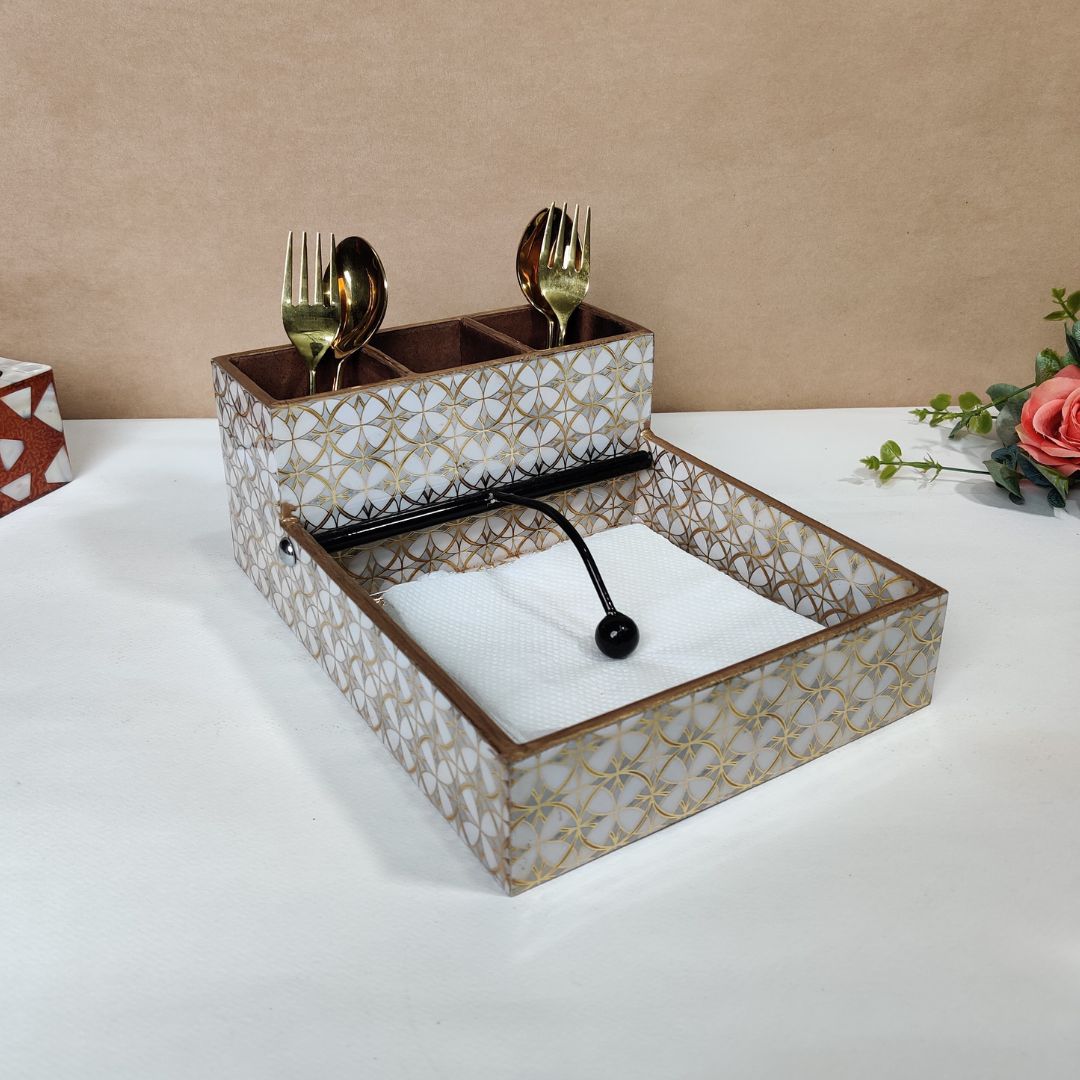 Large Cutlery Tissue Holder - White & Gold