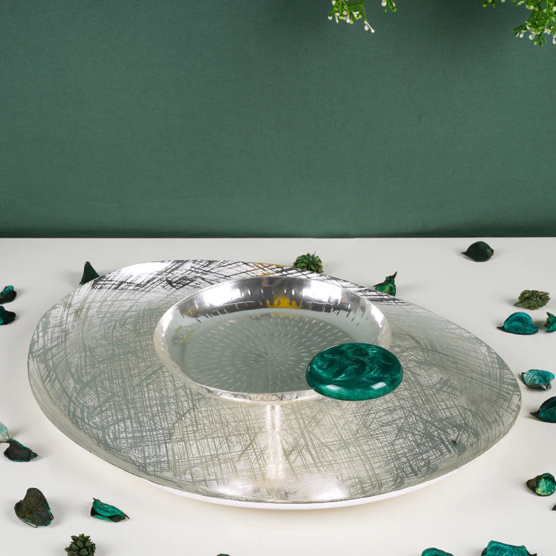 Brass Silver Plated Double Platter With Green Resin